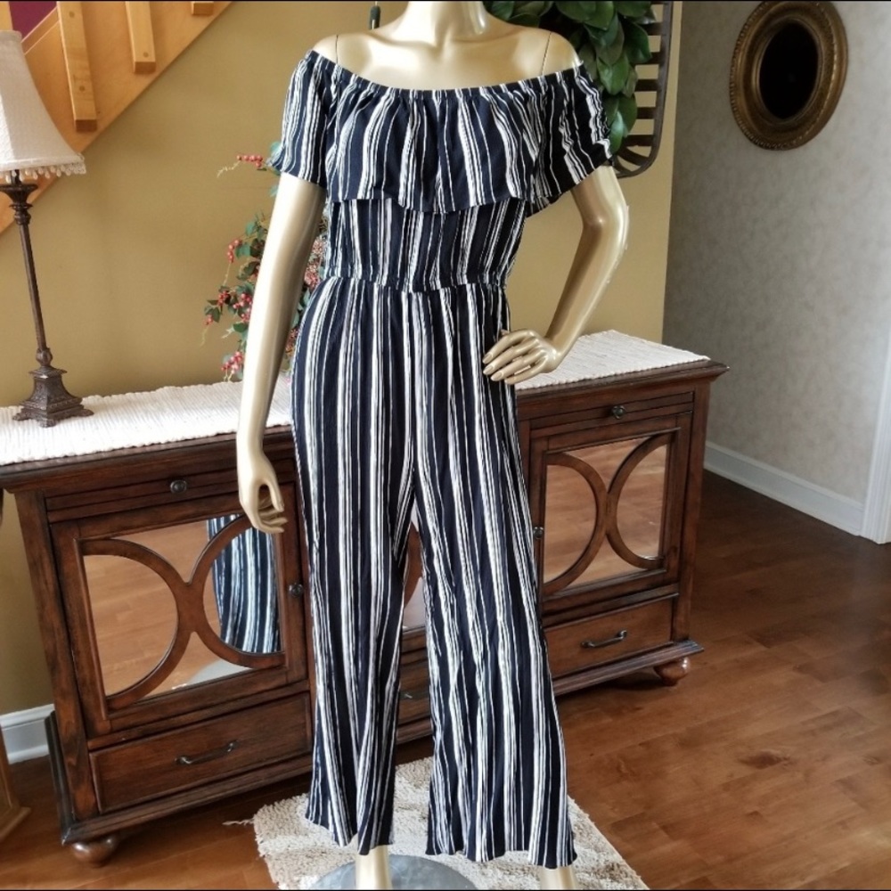 Black and white off the shoulder jumpsuit